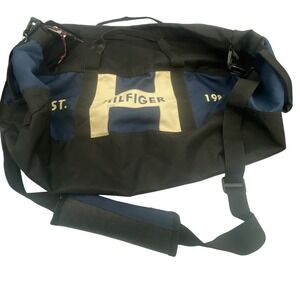 Tommy Hilfiger Duffle Bag Gym Travel Carry On Black Blue Logo 1985 Y2K Style EUC